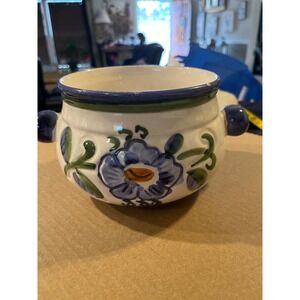 Claudio Bernini Signed Hand Painted Ceramic Floral Soup Tureen Blue White Italy